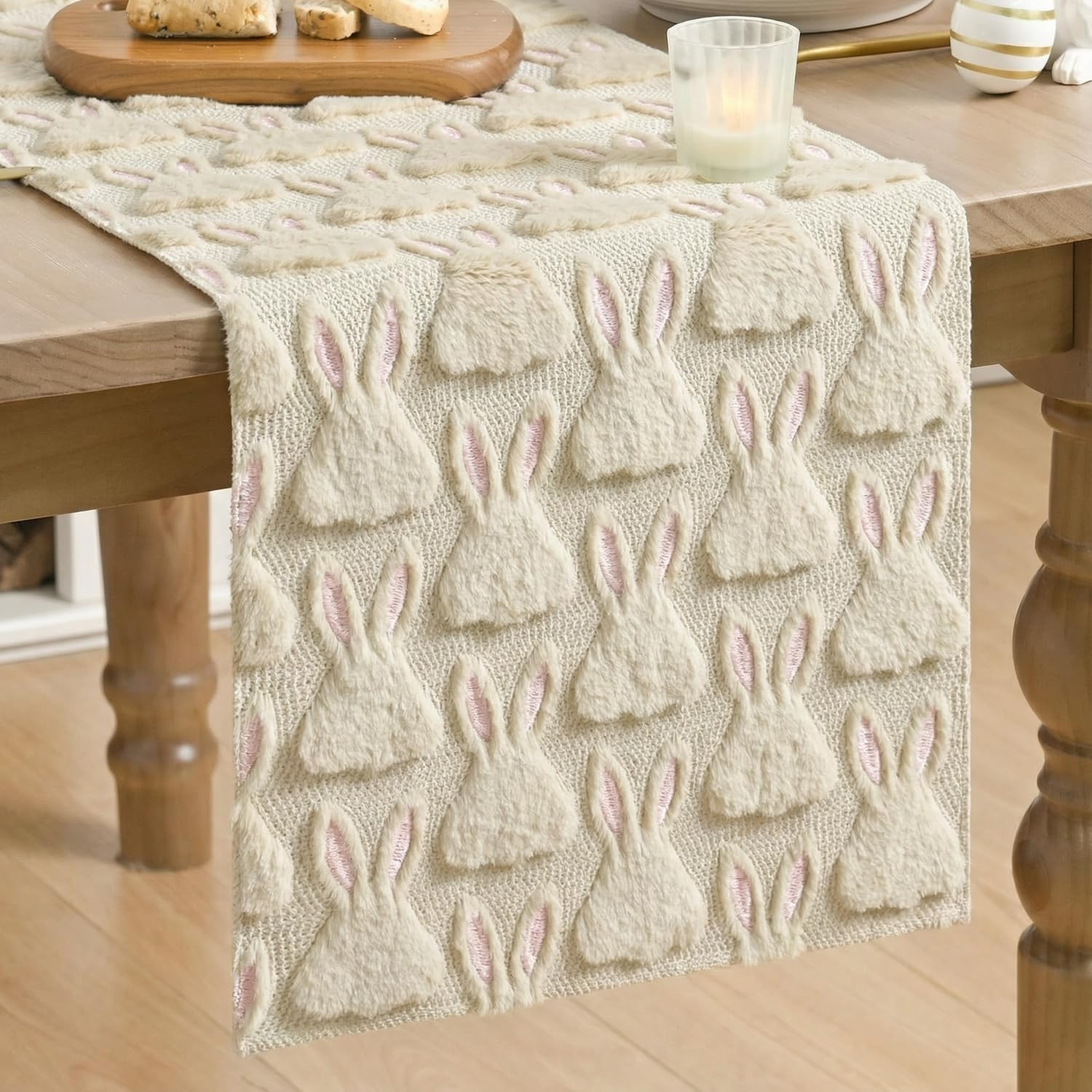 Artoid Mode Beige Soft Plush Faux Fur Jacquard Pink Ear Bunny Easter Table Runner, Spring Holiday... | Amazon (US)