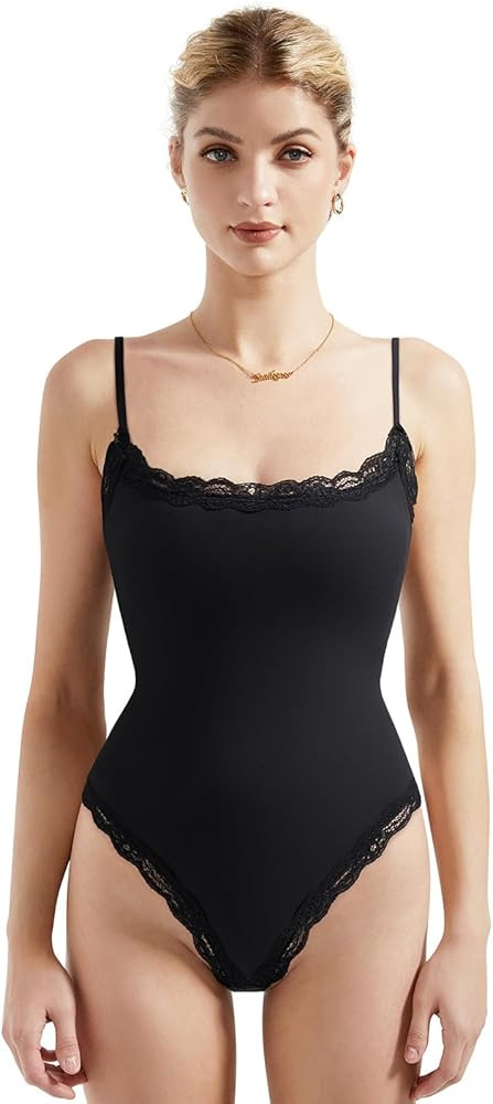 SUUKSESS Women Square Neck Lace Bodysuit Sleeveless Spaghetti Strap Tank Top | Amazon (US)