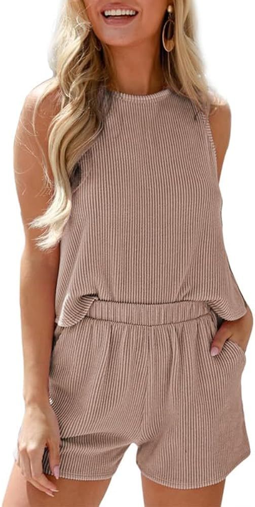 SHEWIN Women 2 Piece Outfits Lounge Matching Sets Striped Shorts Sleeveless Tops 2024 Summer Fash... | Amazon (US)