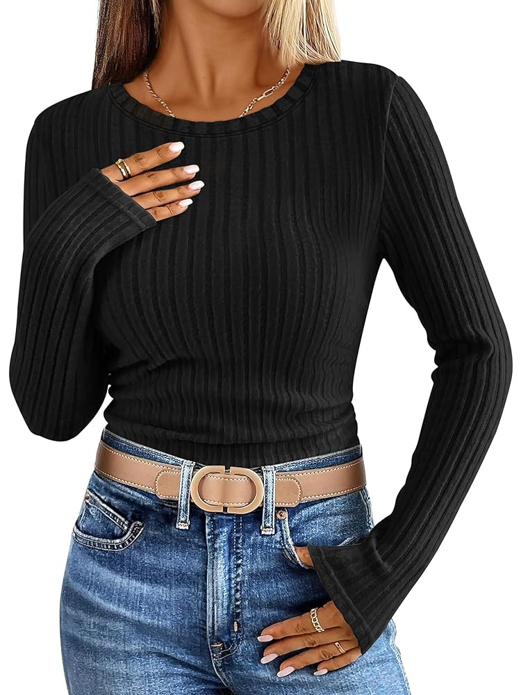 ANRABESS Long Sleeve Shirts for Women Ribbed Knit Tshirt Slim Fit Crewneck Basic Tee Top 2025 Fal... | Amazon (US)