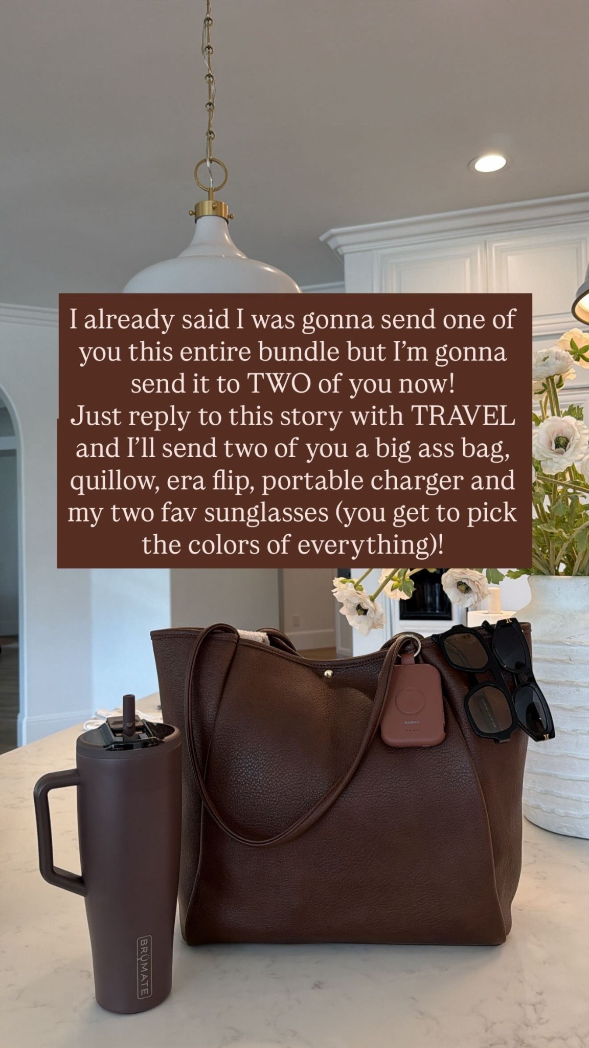 I already said I was gonna send one of you this entire bundle but I’m gonna send it to TWO of you now!
Just reply to this story with TRAVEL and I’ll send two of you a big ass bag, quillow, era flip, portable charger and my two fav sunglasses (you get to pick the colors of everything)!