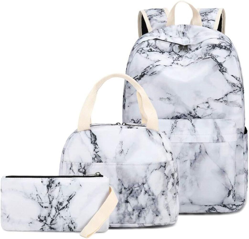 Backpack for Teen Girls Bookbag School Backpack Set with Lunch box and Pencil Bag Marble | Amazon (US)