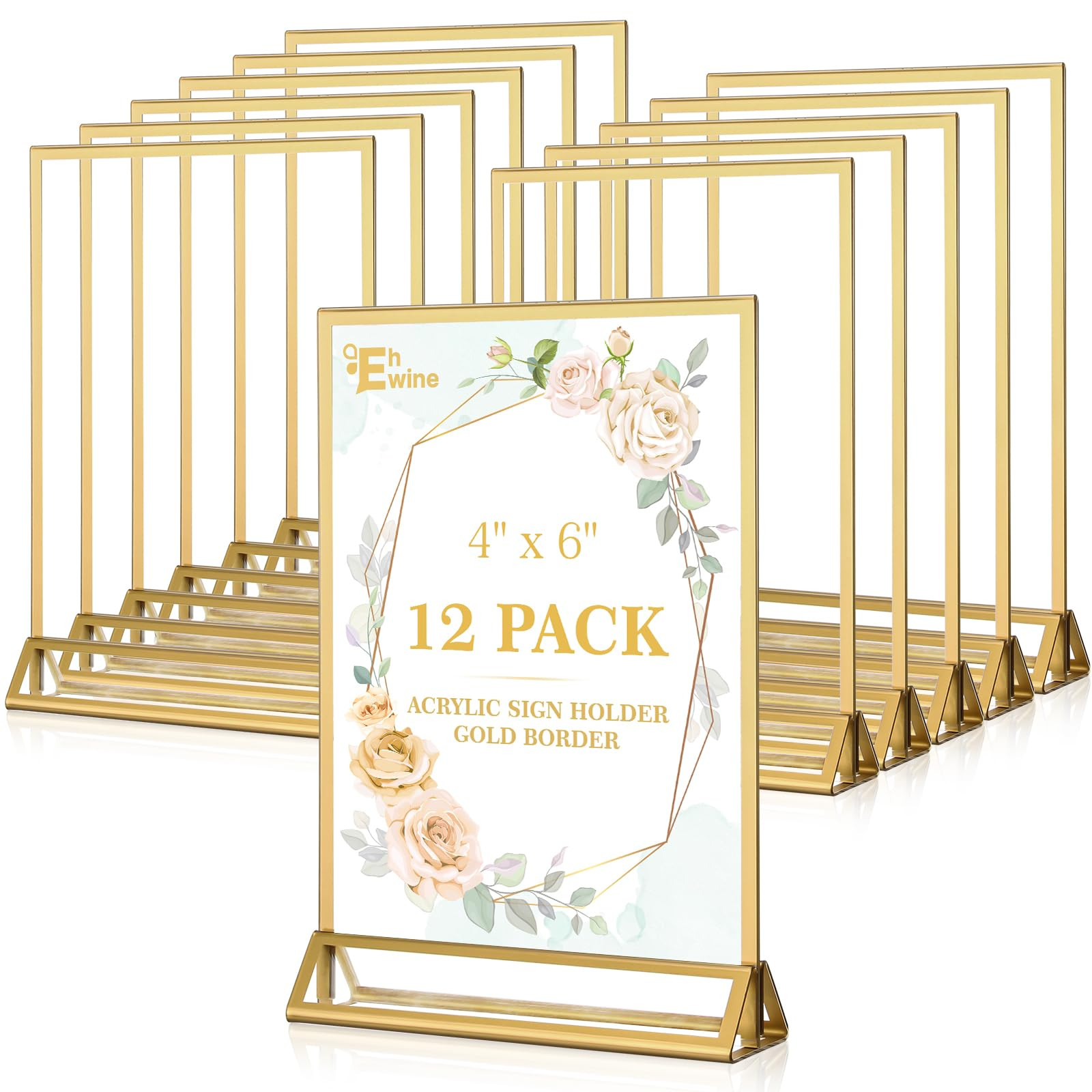 EHWINE 12 Pack Acrylic Sign Holder 4 x 6, Double Sided Gold Picture Frame Stand up Table Top Sign... | Amazon (US)