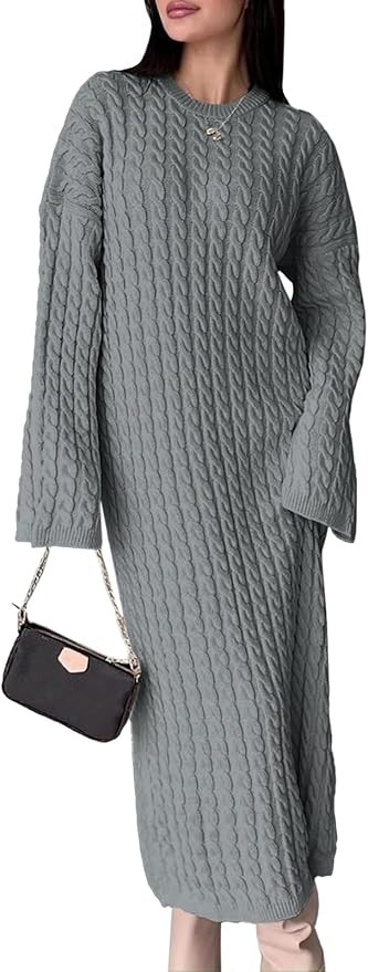 Saodimallsu Womens Oversized Cable Knit Sweater Dress Drop Shoulder Long Sleeve Loose Fall Midi P... | Amazon (US)