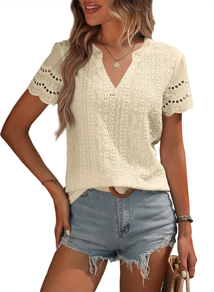 EVALESS Summer Tops for Women 2025 Short Sleeve V Neck Dressy Lace Eyelet Blouses Shirts | Amazon (US)