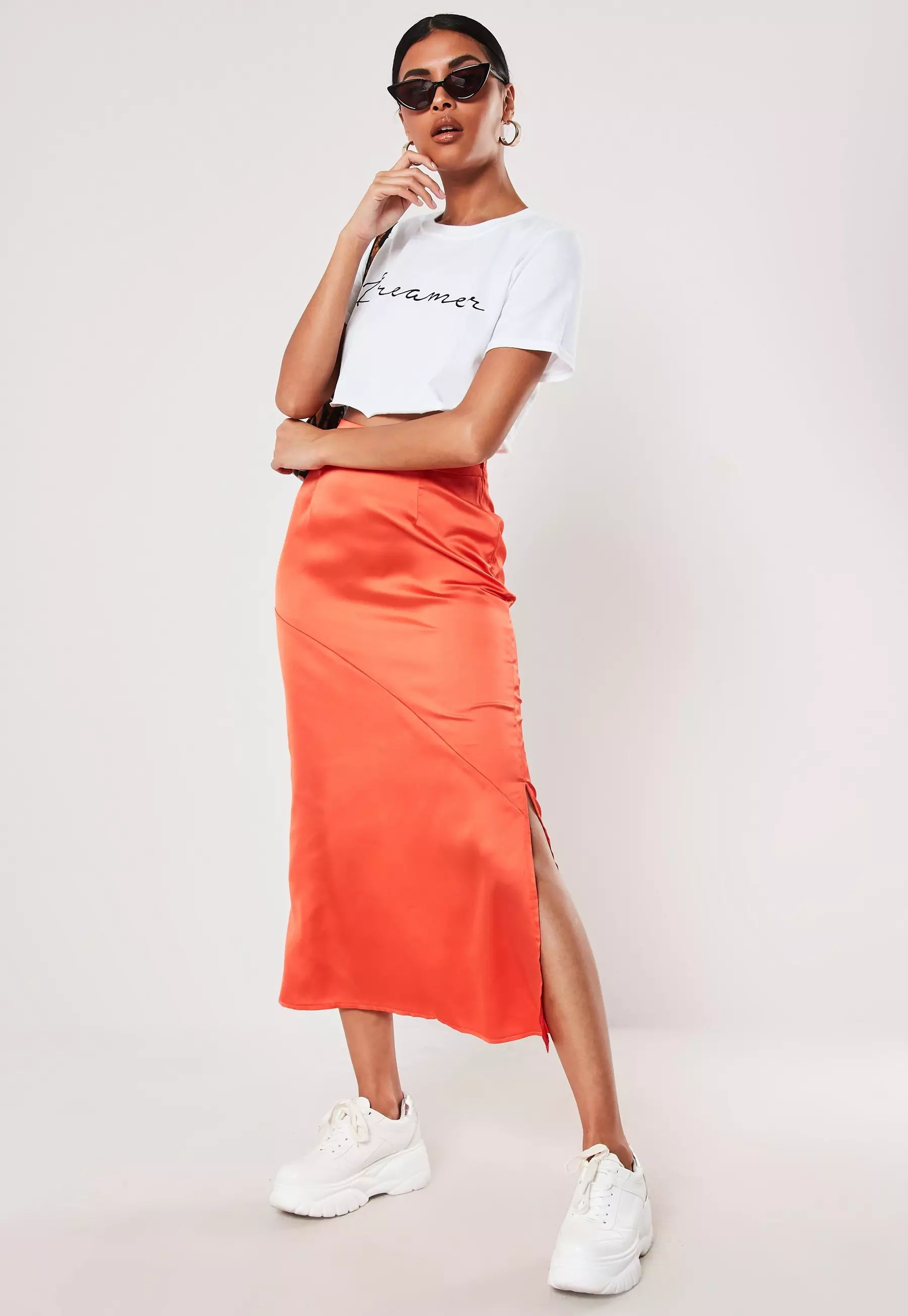 Orange Satin Bias Cut Midi Slip Skirt | Missguided (US & CA)