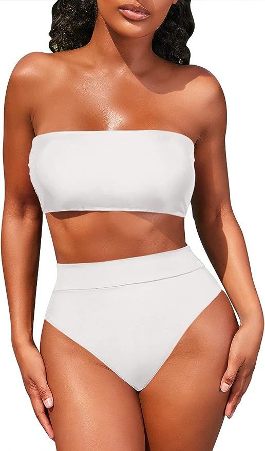 Viottiset Women's Bandeau Thong High Waisted Bikini 2 Piece Swimsuit Removable Strap | Amazon (US)