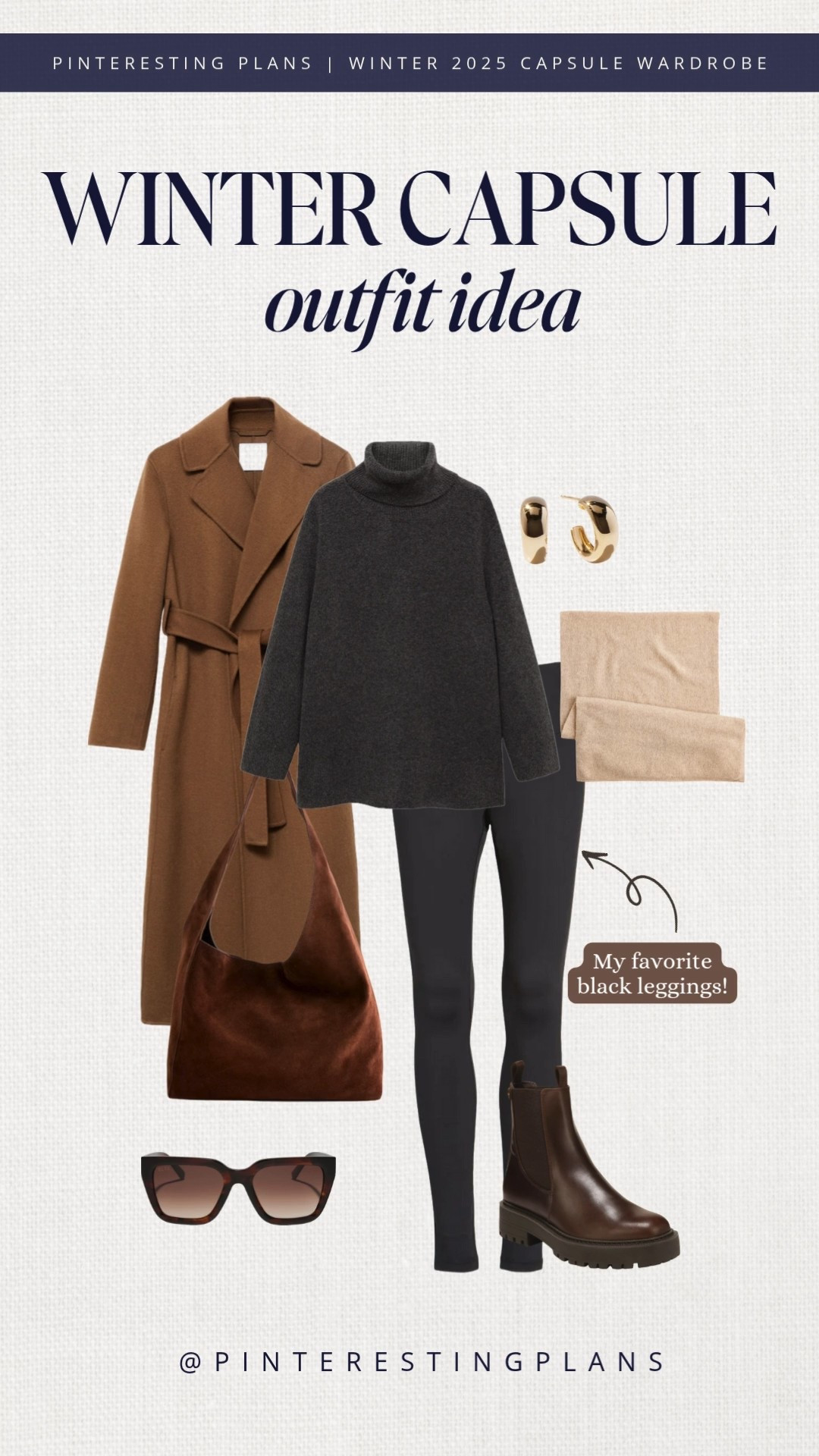 Winter outfit idea from my winter capsule wardrobe 

Black Amazon leggings, charcoal turtleneck sweater, camel wrap coat, brown suede bag, brown Chelsea boots, sunglasses, and gold earrings.

#LTKSeasonal #LTKootd #LTKOver40