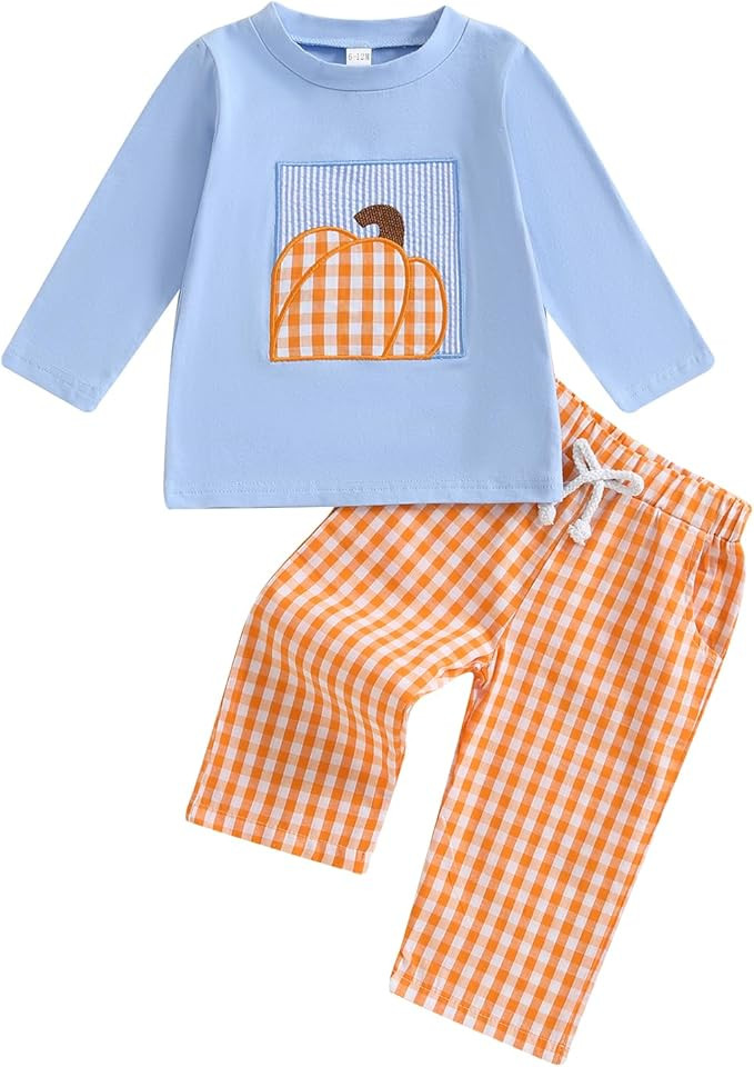 Toddler Boy Halloween Outfits Pumpkin Embroidery Sweatshirts and Plaid Long Pants 2Pcs Fall Winte... | Amazon (US)