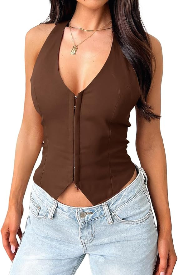 Women's Sexy Halter V Neck Tank Top Summer Sleeveless Trendy Vest Club Date Night Going Out Tops | Amazon (US)