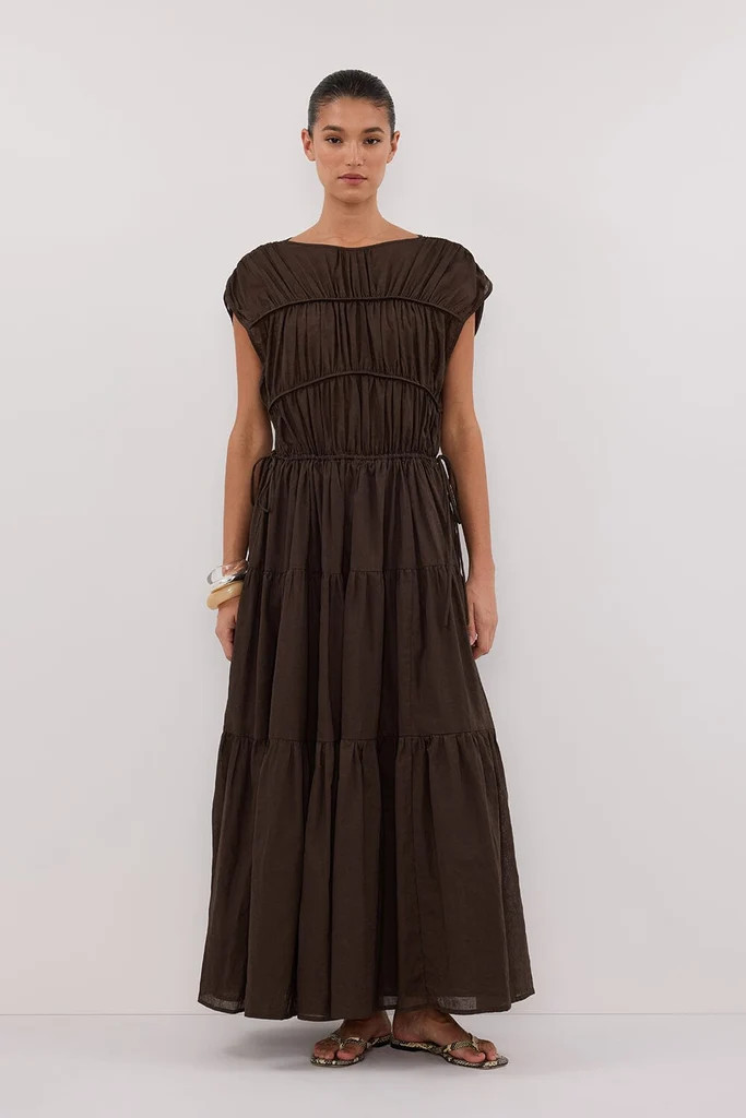 FLYNN BITTER CHOC LINEN BLEND MIDI DRESS | DISSH