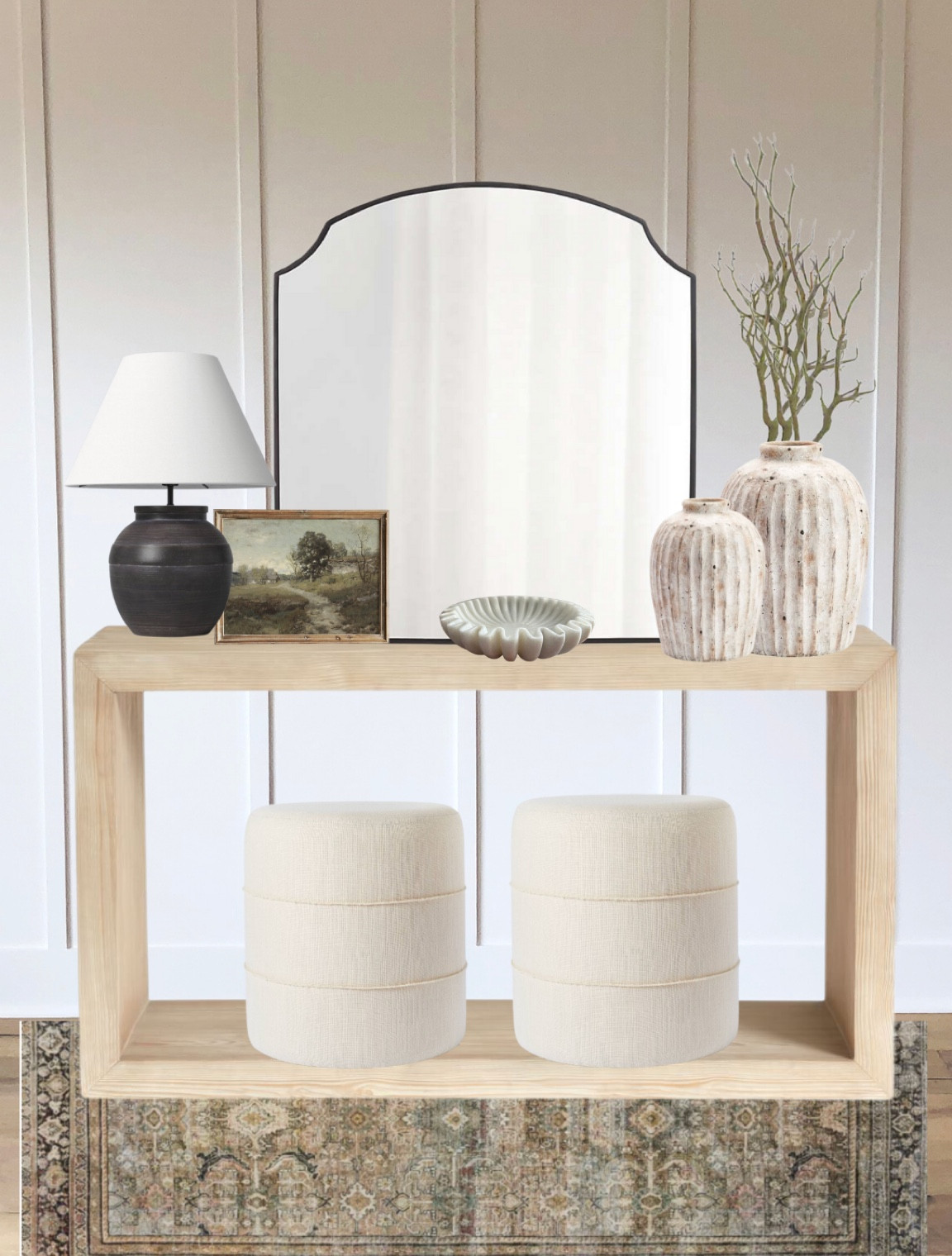  Console table decor. Entryway. Pottery barn, target, threshold, studio Mcgee, etsy, vintage gold ornate oil painting, rug, wayfair oriental rug, black lamp, black arched mirror. Terracotta pottery, vase, poufs, bench, bowls. 

#LTKunder100 #LTKunder50 #LTKhome