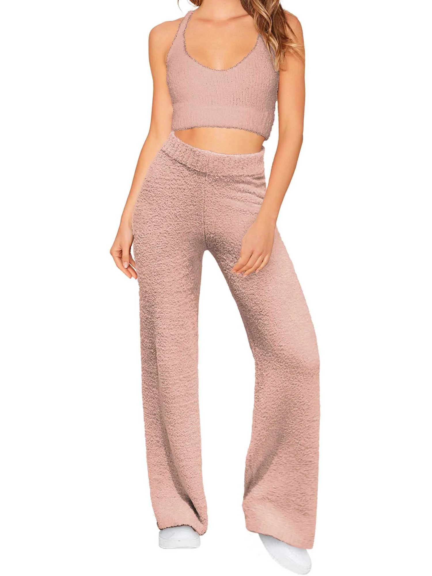 Liv & Lottie Women's Juniors Teddy Cropped Cami Tank & Flare Pants 2-Piece Lounge Set | Walmart (US)