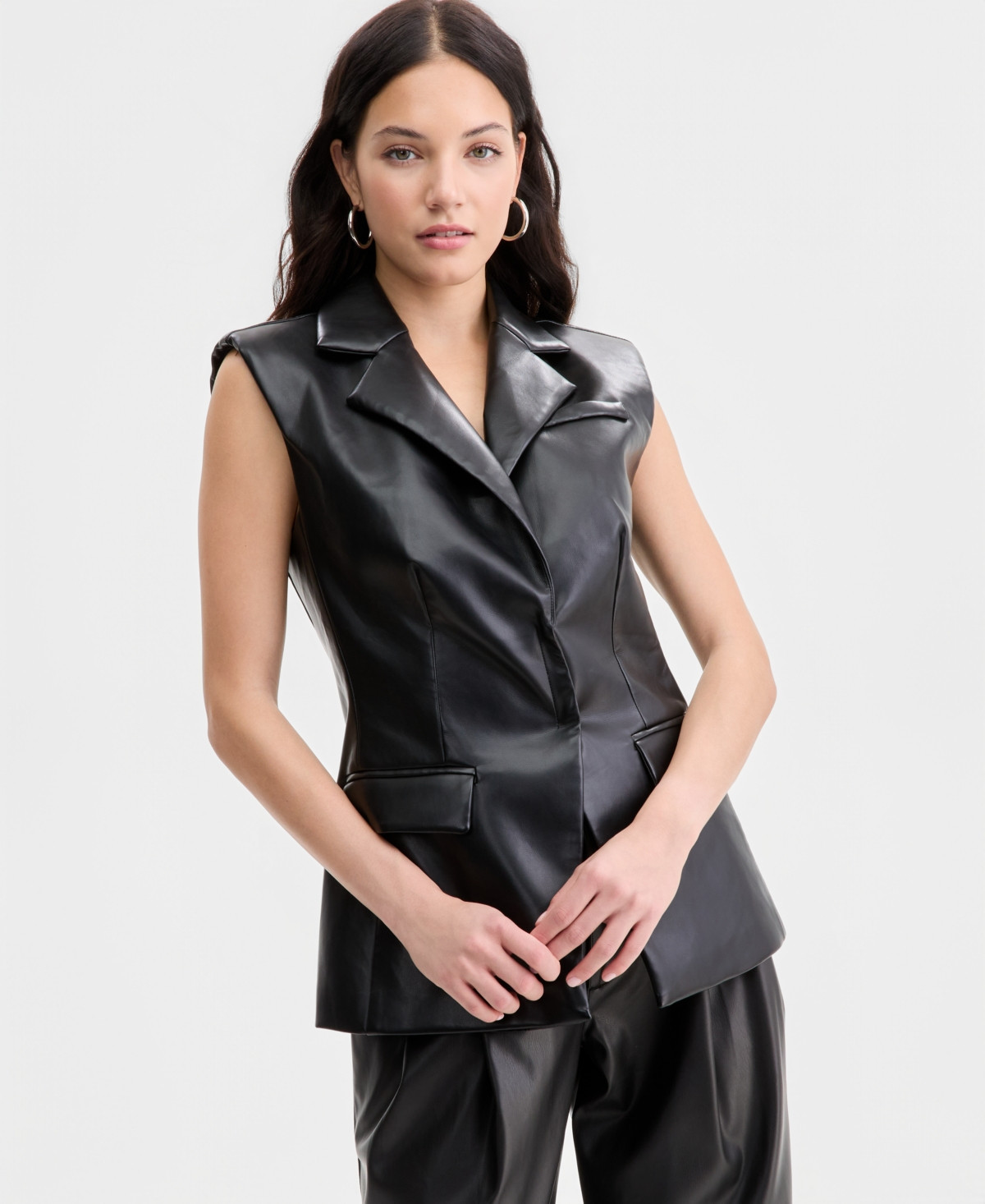 Bar Iii Women's Sleeveless Structured Vest, Macy's Exclusive - Black Faux Leather | Macy's