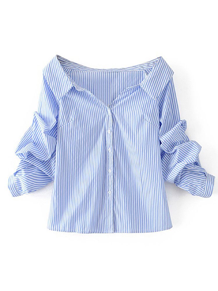 Off-the-Shoulder Striped Buttoned Shirt | SHEIN