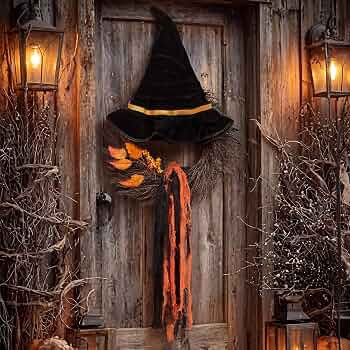 Lineshading Halloween Wreath Decoration for Front Door 16'' Black Witch Hat Wreath Halloween Ratt... | Amazon (US)