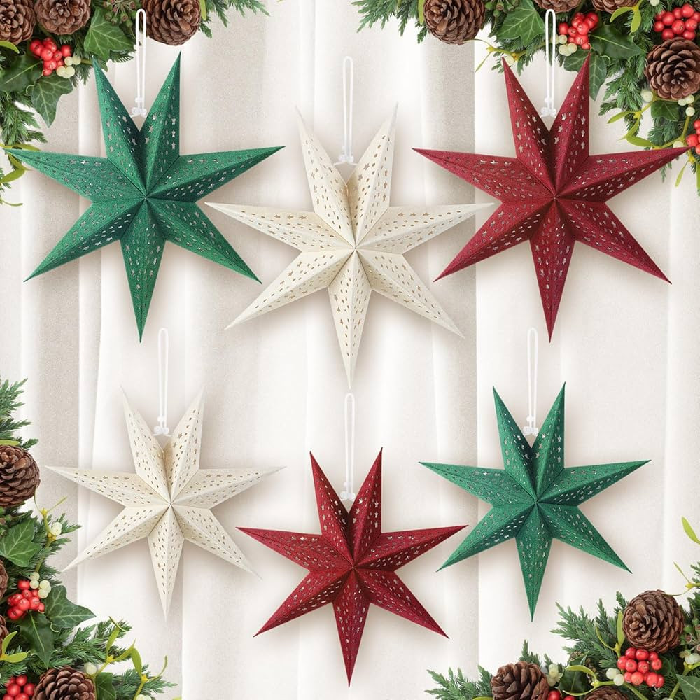 ReliThick 6 Pcs Velvet Christmas Paper Star Lanterns 18/12 Inch Flocked 7-Pointed Christmas Hangi... | Amazon (US)