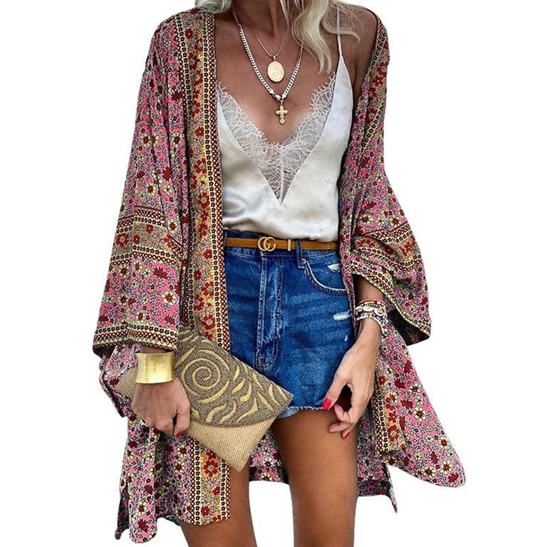 LilyLLL Womens Boho Floral Kimono Sleeve Blouse Cover Up Summer Holiday Cardigan Tops - Walmart.c... | Walmart (US)