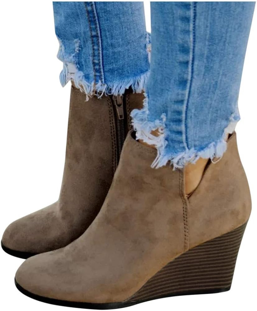 Women's Leopard Wedge Booties, Morecome Suede Side Zipper Boots Comfortable Chelsea Ankle Boots | Amazon (US)