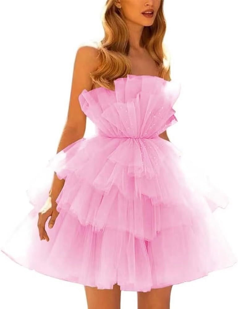 Strapless Homecoming Dresses for Teens Tiered Tulle Puffy Short Prom Dresses Ruffle Mini Party Go... | Amazon (US)