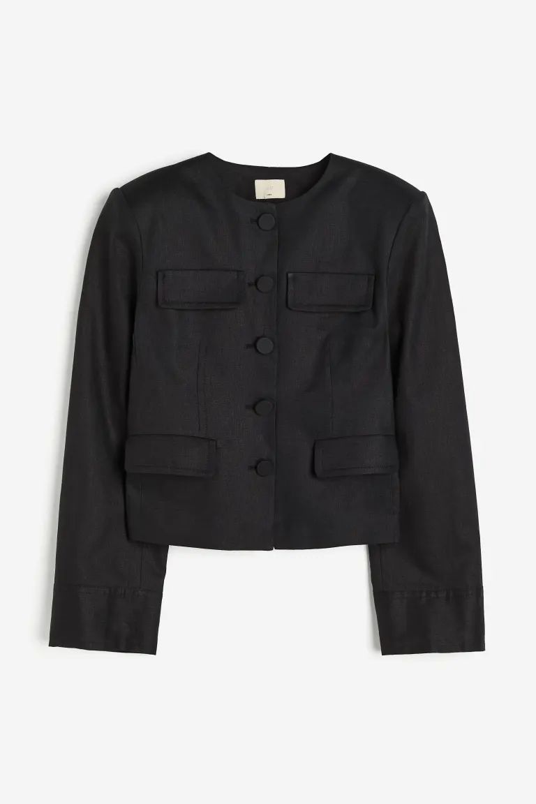 Linen Jacket - Round Neck - Long sleeve - Black - Ladies | H&M US | H&M (US + CA)