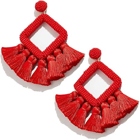 Long Tassel Earrings Statement Bohemian Pom Ball Handmade Drop Dangle Earrings for Women Girls | Amazon (US)