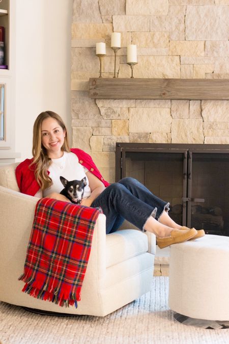 Lands’ End for the holidays. Classic cable knit sweater and moccasin slippers. Tartan throw blanket. J.Crew jeans and Uniqlo T-shirt  

#LTKCyberWeek #LTKHoliday #LTKGiftGuide