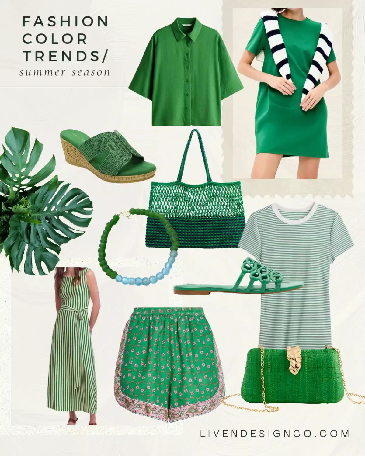 Summer style inspiration. Green fashion. Outfit inspiration. Green wedge. Tee. Patterned shorts. Collared top. Blouse. Clutch. Woven tote. 

#LTKSeasonal #LTKSaleAlert