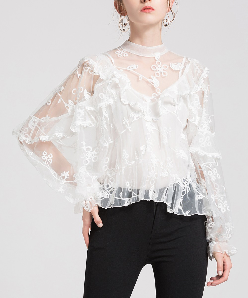White Ruffle Lace Overlay & Top - Women | zulily