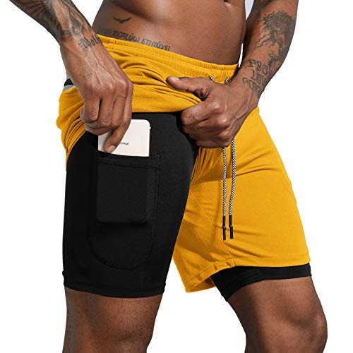 Leidowei Men's 2 in 1 Workout Running Shorts Lightweight Training Yoga Gym 7" Short with Zipper P... | Amazon (US)