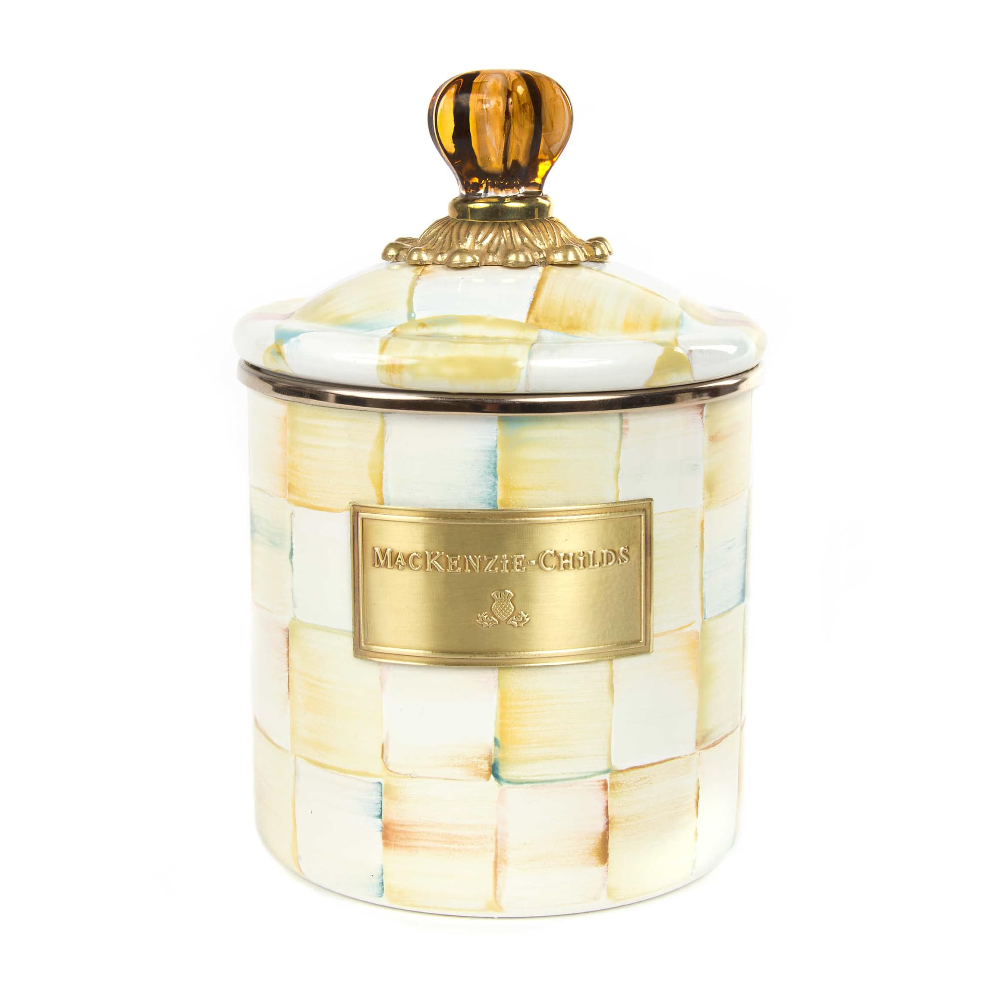 MACKENZIE-CHILDS Parchment Check Enamel Canister, Yellow-and-Cream Kitchen Storage Container with... | Amazon (US)