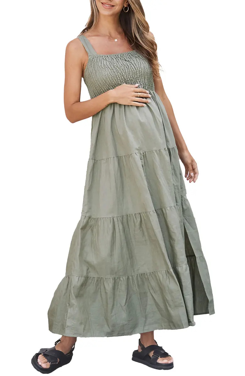 Shoulder Tie Linen Maternity/Nursing Maxi Dress | Nordstrom