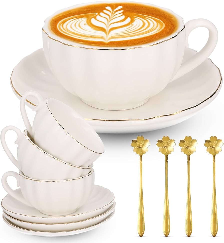 8oz Capuccino Cups Set of 4 – Porcelain Gold Rimmed White 4 Capuccino Cup and Saucer Set & Gold... | Amazon (US)