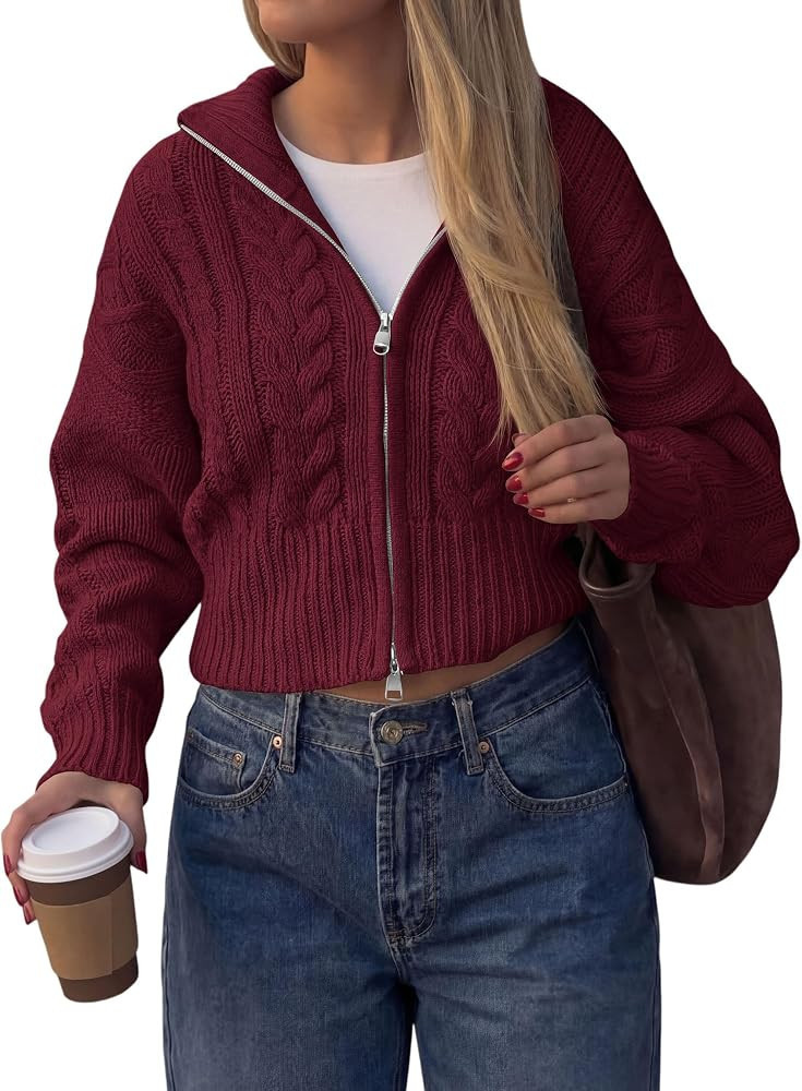 PRETTYGARDEN Women's Zip Up Cardigan Sweaters Cropped Jackets Fall Outfits | Amazon (US)