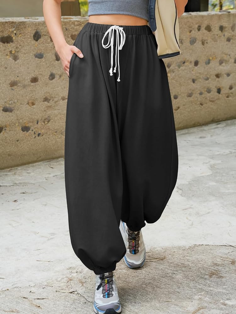 Fisoew Womens Baggy Harem Pants Casual Barrel Elastic Waist Drawstring Pleated Loose Workout Trac... | Amazon (US)
