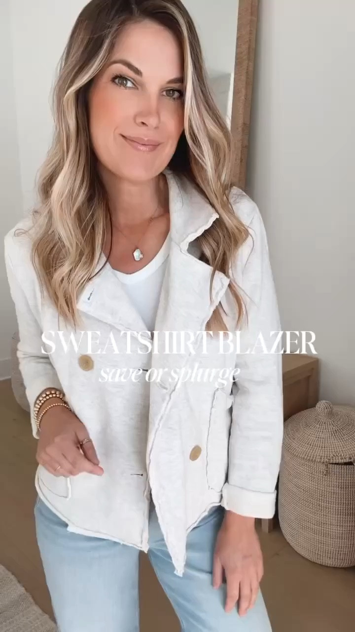 Sweatshirt blazers!  Elevate your casual outfit with a comfy but polished layer. 

I have small in the splurge (this heather grey color is sold out, but linking the white that I have and love) and xs in the save (though small would work too). I am 5’11” wearing 4 tall in the jeans


#LTKOver40 #LTKTall #LTKootd