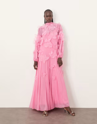 ARRANGE applique all-over floral tie neck trapeze maxi dress in pink | ASOS (Global)