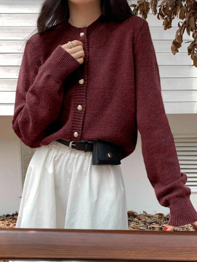 DAZY Women's Burgundy Knitted Cardigan, Elegant Business Casual Commuter Wear For Autumn And Wint... | SHEIN