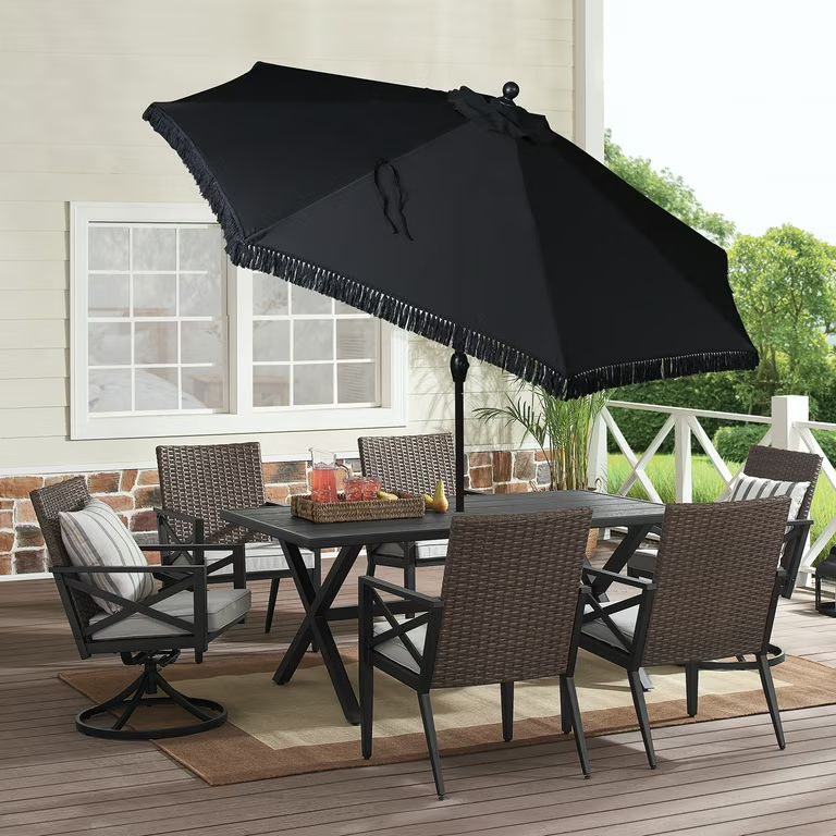 Better Homes & Gardens Outdoor 9' Black Ventura Fringe Round Crank Premium Patio Umbrella - Walma... | Walmart (US)