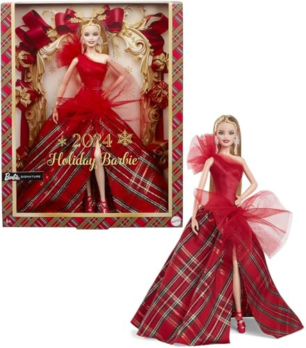 Barbie Signature Doll, 2024 Holiday Blonde Fashion Doll Wearing Gown with Plaid Skirt, Seasonal Collector Gift in Displayable Packaging | Amazon (US)