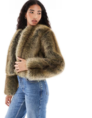Brave Soul collarless short faux fur jacket in brown | ASOS | ASOS (Global)