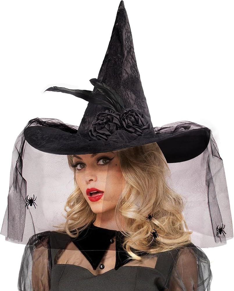 Edussy Lace Halloween Witch Hat with Veil Halloween Costume Witches Hats for Women Accessories | Amazon (US)