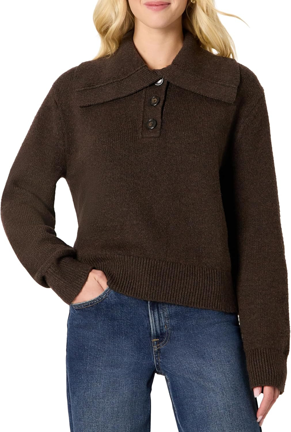 Amazon Essentials Women's Relaxed-Fit Button Collar Sweater, Ribbed, Soft Cotton Blend, Dropped Shoulders | Amazon (US)