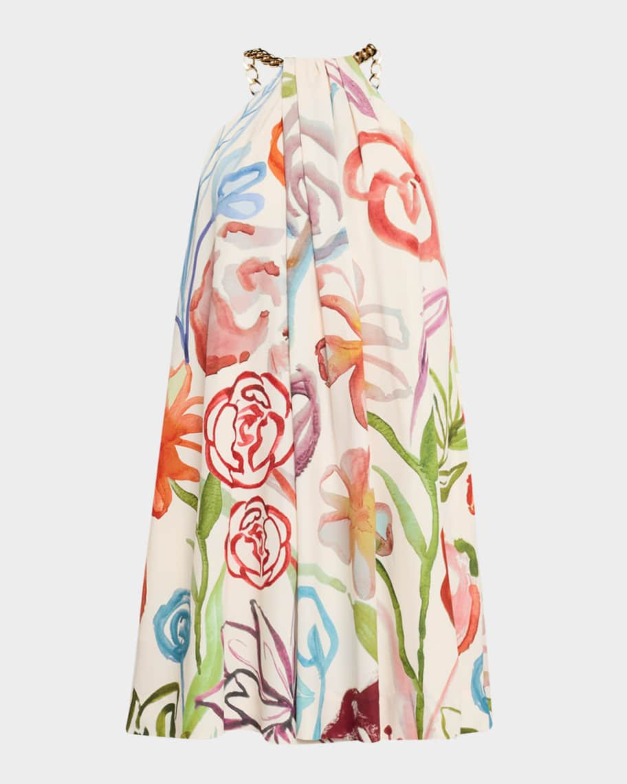 Bijou Draped Floral-Print Halter Mini Dress | Neiman Marcus