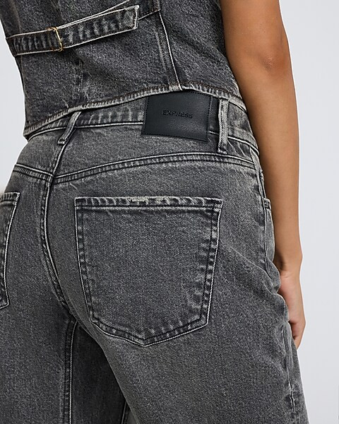 Mid Rise Washed Black Raw Hem Barrel Jeans | Express