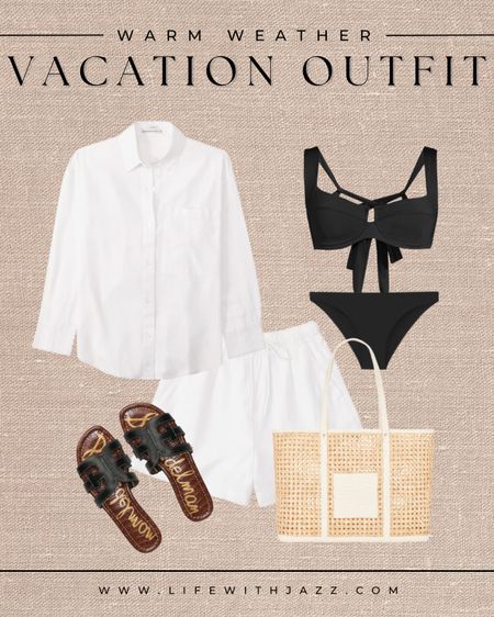 Vacation/beach outfit 

- beach outfit, vacation, travel, swimsuit, sandals, tote bag, button up, linen shorts 

#LTKswim #LTKtravel #LTKstyletip
