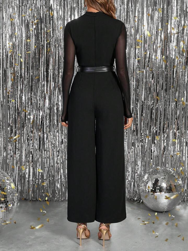 SHEIN Clasi Women's Autumn/Winter Mesh Contrast Heart-Neck Pocketed Wide-Leg Jumpsuit, Black, Sui... | SHEIN