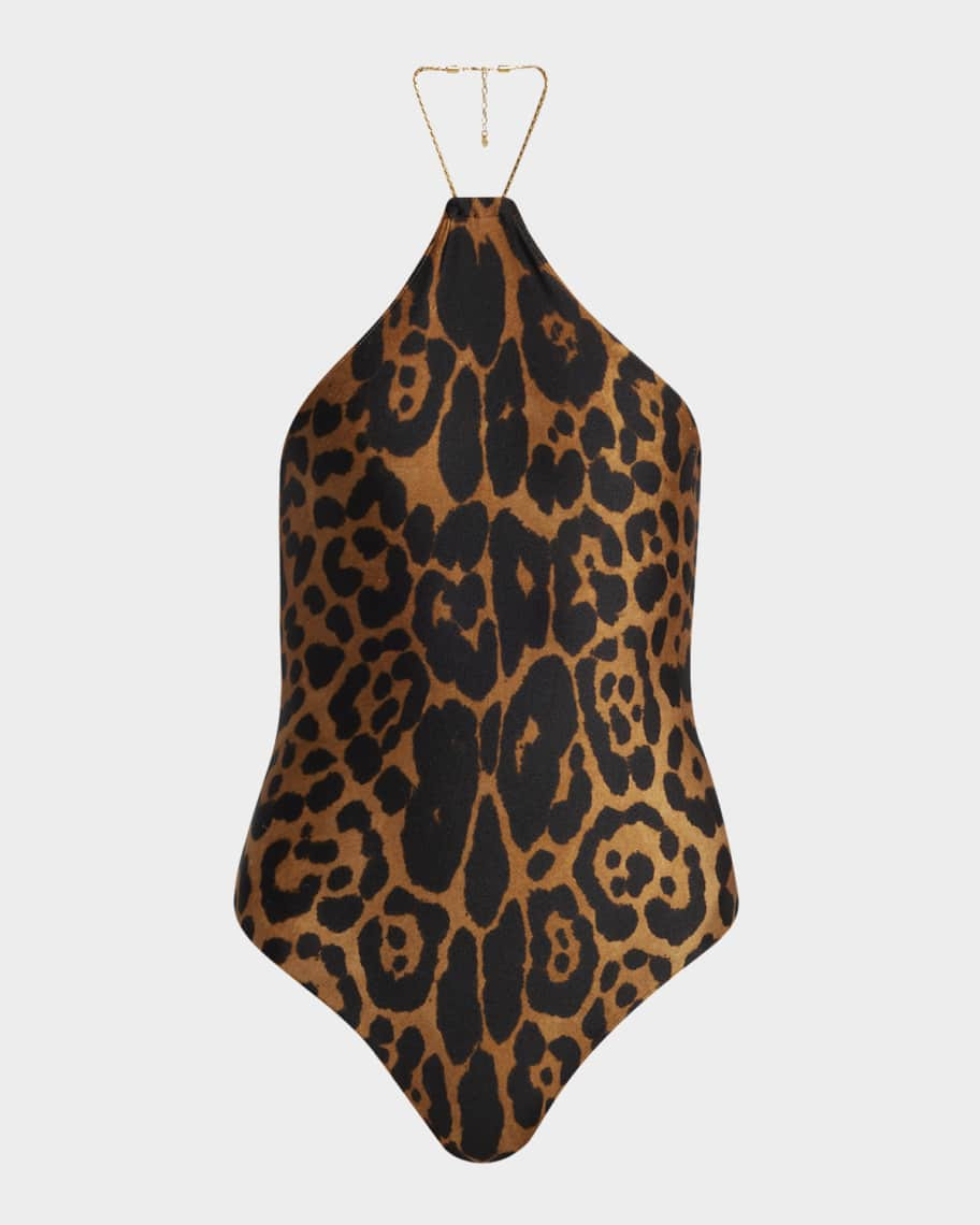 Leopard-Print Chain Halter One-Piece Swimsuit | Neiman Marcus