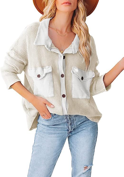 Dokotoo Womens Shacket Long Sleeve Shirts Waffle Knit Button Down Jacket Tops | Amazon (US)