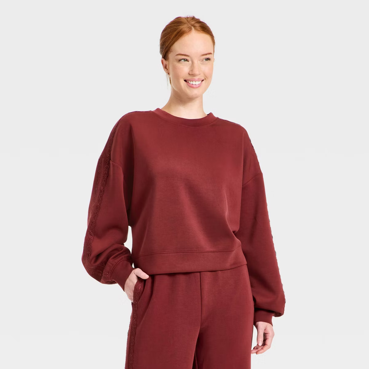 Women's Airy Sleek Lace Trim Crewneck Sweatshirt - All In Motion™ | Target